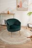 Velvet Accent Armchair Tub Barrel Chair With Gold Metal Legs; Dark Green