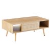 41.34" Rattan Coffee table; sliding door for storage; solid wood legs; Modern table for living room ; natural