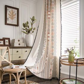 Boho Cream Cotton And Linen Print Sun Shade Non-punched Curtain Fabric (Option: Pole fringed curtains-W150xH280CM)